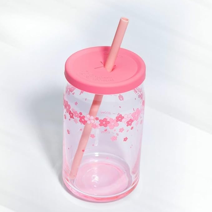 Pink Flower Glass Cup with Wooden Lid, Glass Straw - Beer Shaped, 400ML Iced Coffee Drinking Glasses, Cute Glass Cup for Smoothies, Boba Tea, Whiskey, Water