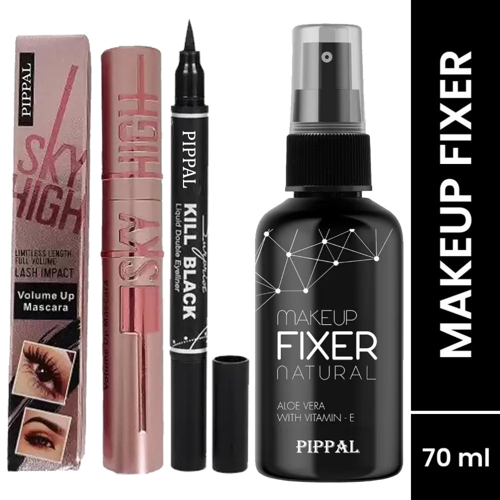 Pippal Beauty Makeup Fixer Natural Dewy Finish with Vitamin E And Aloe Vera Long-Lasting Hydrating & Refreshing Setting Spray 80ml (Pack of 1) with Sky High Mascara And 2 in 1 Eyeliner